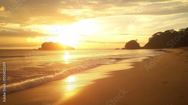 Fototapeta Golden hour illuminates the tranquil beach scene with islands and gentle waves at the shoreline