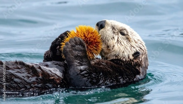 Fototapeta Sea Otter Embracing a Sea Urchin While Floating Peacefully on its Back