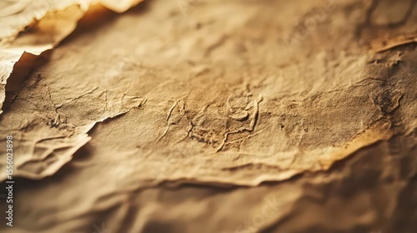 Fototapeta Close up shot of aged and crumpled paper with a textured surface and torn edges in sepia tones