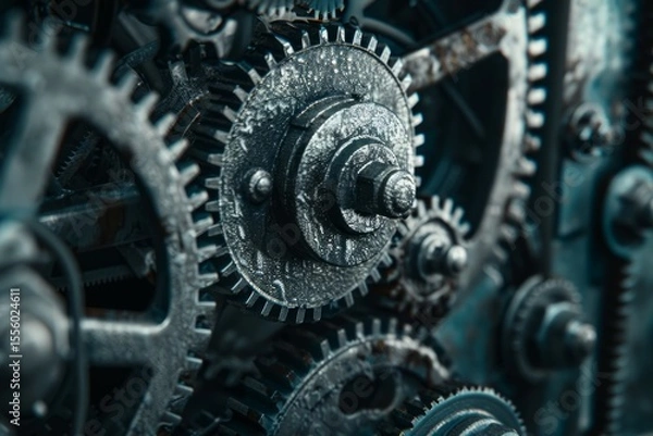 Fototapeta Large system of metal engine gears wheels in connection. Neural network ai generated