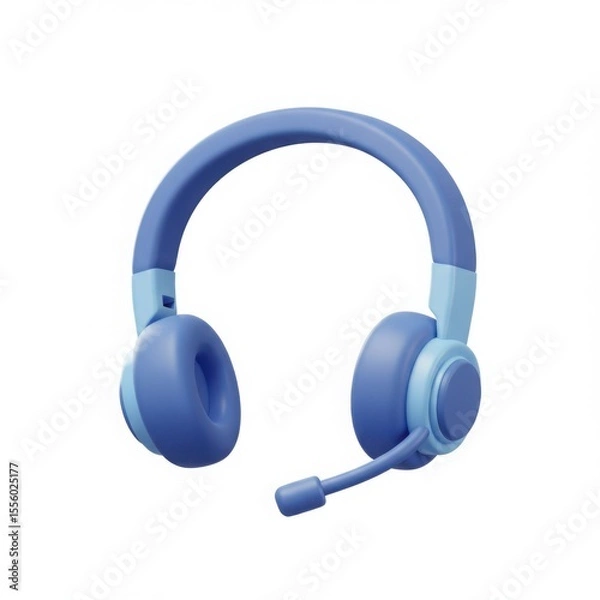 Fototapeta Blue headset with microphone. Call center and customer support concept. Online communication, webinar, gaming equipment icon.