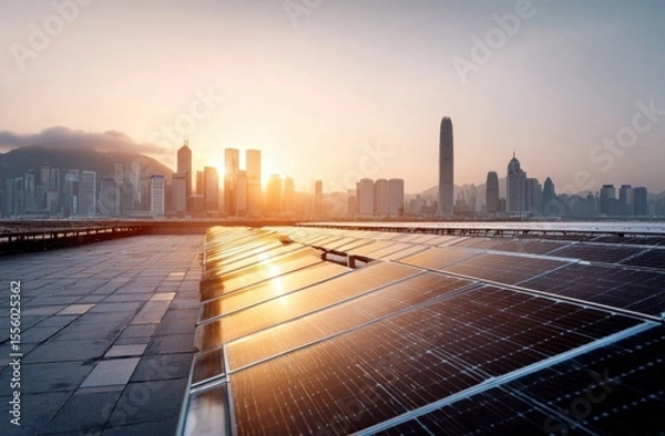 Fototapeta Hong Kong's skyline glows as rooftop solar panels harness the setting sun's energy.