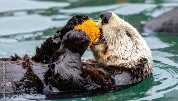 Fototapeta Sea otter enjoying a playful moment with a sea urchin in calm waters
