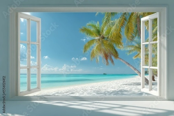 Fototapeta Open window framing a tropical beach. Calm water background for home décor use