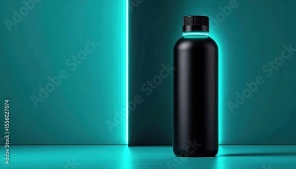 Fototapeta Sleek Black Bottle with Neon Glow on Teal Backdrop for Product Mockup