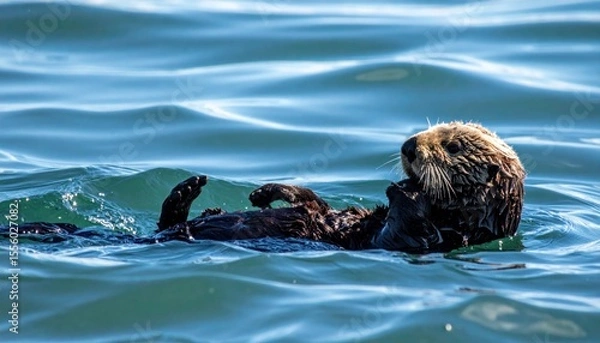 Fototapeta Sea Otter Relaxing in Ocean Water on a Sunny Day with Natural Habitat