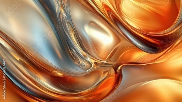 Fototapeta Abstract flowing liquid with metallic sheen in shades of orange silver and gold colors design