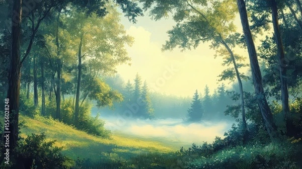 Fototapeta A serene forest landscape with sunlight filtering through trees and a misty background view scene