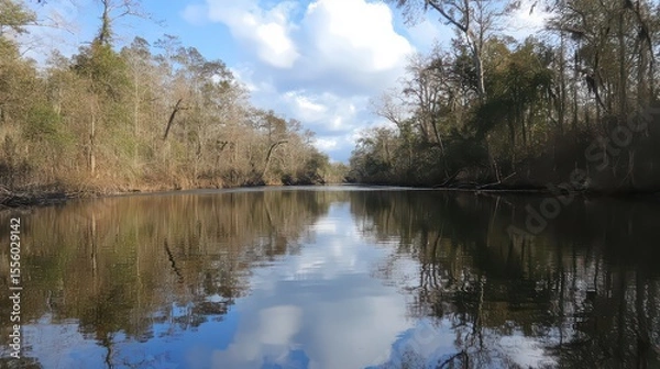 Fototapeta Calm river reflecting the sky and trees creating a serene and peaceful nature scene in the wilderness