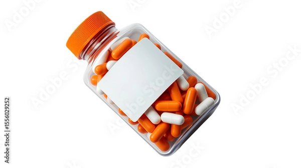 Fototapeta Photo of bottle filled with orange and white capsules isolated on transparent background