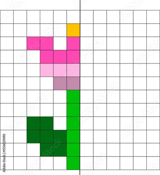 Obraz Educational vector illustration with the image of a drawing by squares. Drawing with an axis of symmetry. Speech therapy educational material. Vector flower with an axis of symmetry.