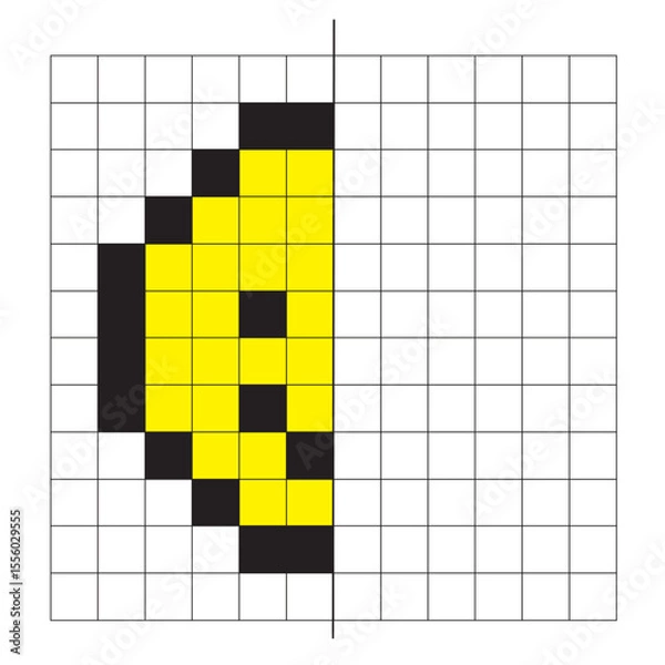 Fototapeta Educational vector illustration with the image of a drawing by squares. Drawing with an axis of symmetry. Speech therapy educational material. Vector face with an axis of symmetry.