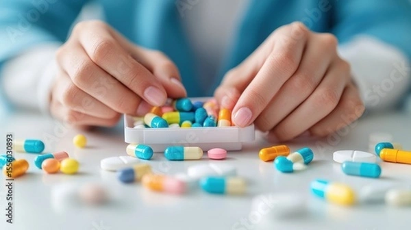 Fototapeta Hands gently handling colorful capsules in a pill box
