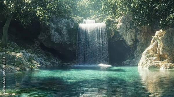 Fototapeta A scenic view of a waterfall cascading into a clear turquoise pool surrounded by lush greenery