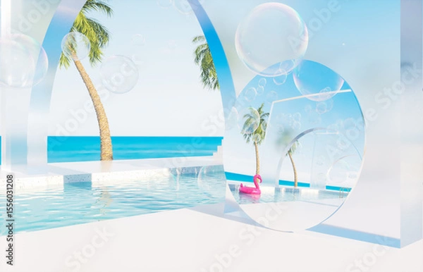 Fototapeta Summer swimming pool scene with a mirror reflection the sky. 3d rendering background