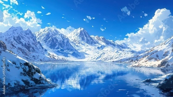 Fototapeta A scenic view of a calm lake reflecting snow capped mountains under a bright blue sky with clouds