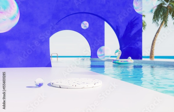 Fototapeta Summer swimming pool scene with cylinder for product display and colorful inflatable background. 3d rendering