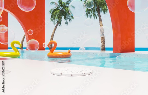 Fototapeta Summer swimming pool scene with cylinder for product display and colorful inflatable background. 3d rendering