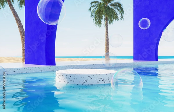 Fototapeta Summer swimming pool scene with cylinder for product display. 3d rendering background