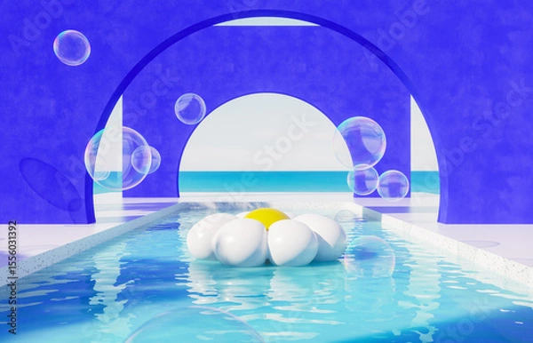 Fototapeta Summer swimming pool scene with colorful inflatable for product display. 3d rendering background