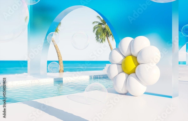 Fototapeta Summer swimming pool scene with colorful inflatable. 3d rendering background