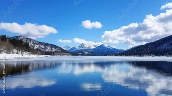 Fototapeta Calm lake reflecting snowy mountains and cloudy sky on a bright sunny day in a winter landscape