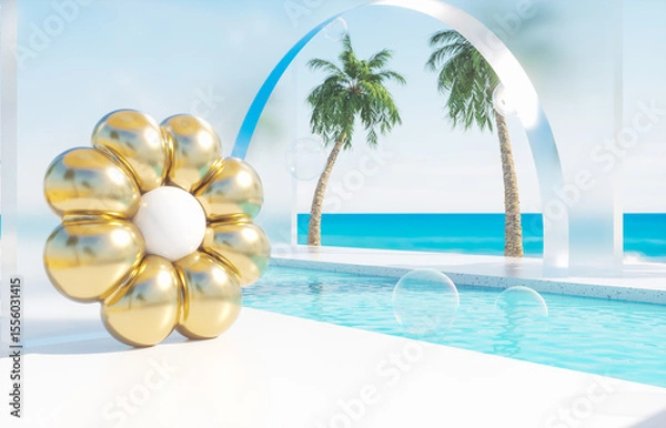Fototapeta Summer swimming pool scene with colorful inflatable. 3d rendering background