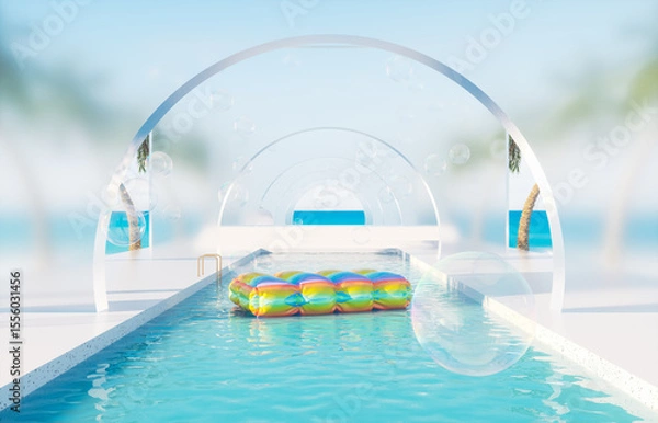 Fototapeta Summer swimming pool scene with colorful inflatable for product display. 3d rendering background