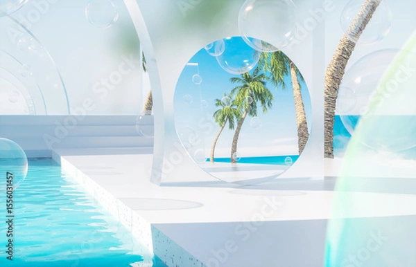 Fototapeta Summer swimming pool scene with a mirror reflection the sky. 3d rendering background