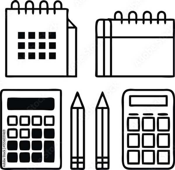 Obraz Calculators, calendars, colored pencils, correction fluid, craft paper icon