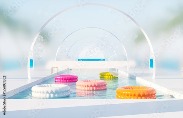 Fototapeta Summer swimming pool scene with colorful inflatable for product display. 3d rendering background
