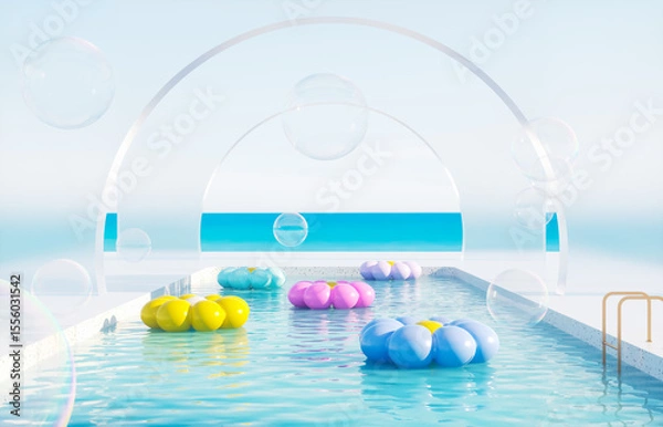 Fototapeta Summer swimming pool scene with colorful inflatable for product display. 3d rendering background