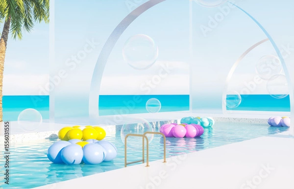 Fototapeta Summer swimming pool scene with colorful inflatable. 3d rendering background