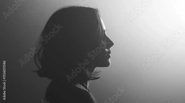 Fototapeta A monochrome profile of a woman with short hair against a bright and blurred background in a studio