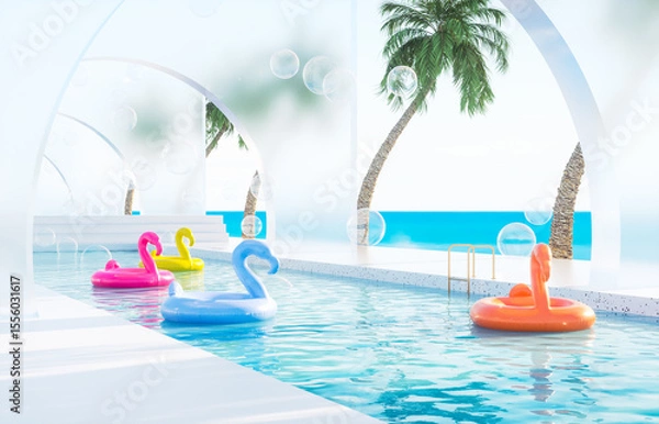 Fototapeta Summer swimming pool scene with colorful inflatable. 3d rendering background
