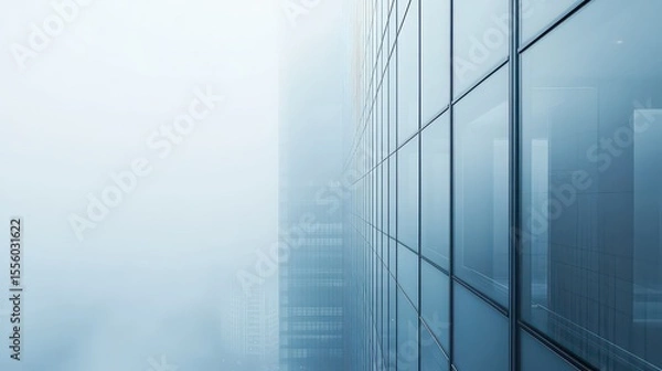 Fototapeta View of a modern glass building disappearing into a thick fog on a cloudy and overcast day