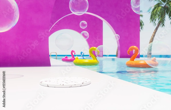 Fototapeta Summer swimming pool scene with cylinder for product display and colorful inflatable background. 3d rendering