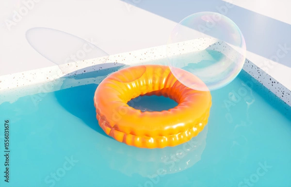 Fototapeta Summer swimming pool scene with colorful inflatable for product display. 3d rendering background