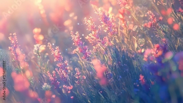 Fototapeta A dreamy field of lavender flowers with bokeh lights and soft pastel colors in the background