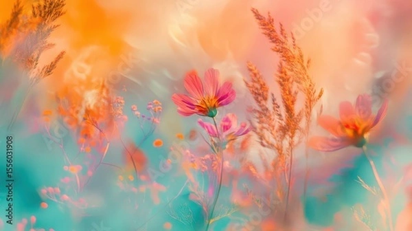 Fototapeta A dreamy floral scene with pink cosmos flowers and soft pastel colors in a blurred background style