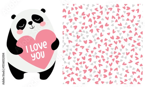 Obraz Vector set of prints to print on children's products for Valentine's Day. Cute panda in love holding a big heart, inscription I love you. Seamless vector pattern with hearts. Vector illustration