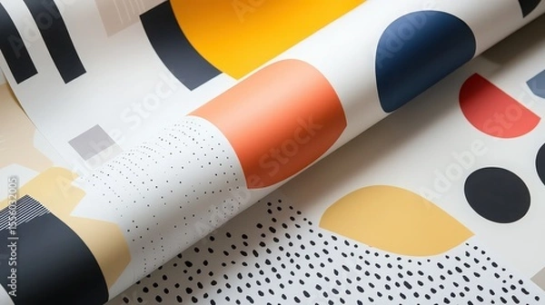 Fototapeta Close up of rolled wallpaper with abstract shapes in various colors and patterns on a white background