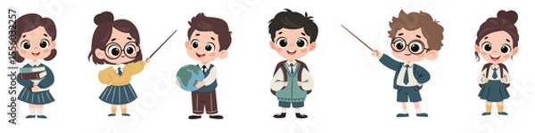 Obraz Set of flat vector illustrations on school theme in simple child style. Cute boys and girls in school uniform with books, backpack and globe. Vector illustration