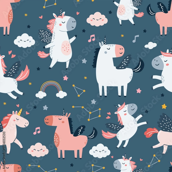 Obraz A set of flat vector illustrations in a simple children's style. Cute unicorns with wings, stars, clouds, constellations, notes. Seamless vector pattern. Vector illustration