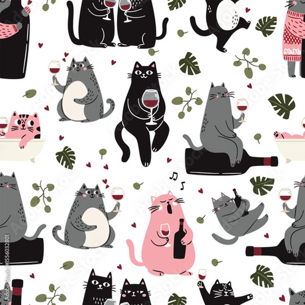 Obraz Cute Scandinavian style cats with a glass and a bottle of wine, singing and taking a bath monstera leaves and green plants. Seamless vector pattern in a simple childish style. . Vector illustration