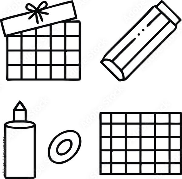 Obraz Glue sticks, graph paper, greeting cards, gum tape, gift tags icon