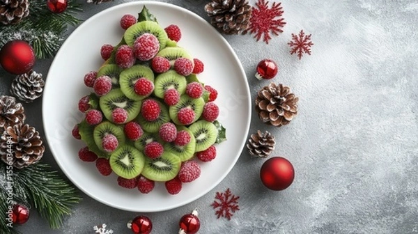 Fototapeta Festive Christmas Tree Dessert Idea with Kiwi and Raspberry Arrangement