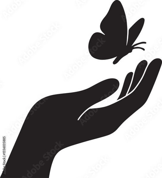 Obraz An open hand with the tiny silhouette of a butterfly taking flight from the fingertips vector silhouette art on white background