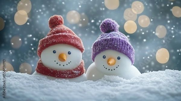 Fototapeta Two adorable snowmen with winter hats, a festive winter scene, bokeh lights