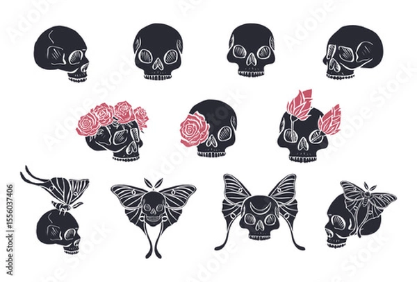 Fototapeta Hand drawn black silhouettes of human skulls with luna moths and roses set isolated on white background. Monochrome Bohemian skeleton heads with butterfly design bundle